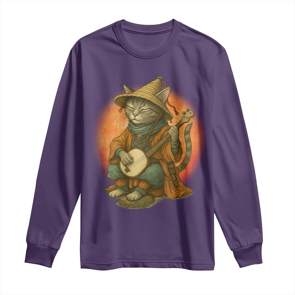 Japanese Samurai Cat Long Sleeve Shirt Retro Cat Playing Shamisen Art - Wonder Print Shop