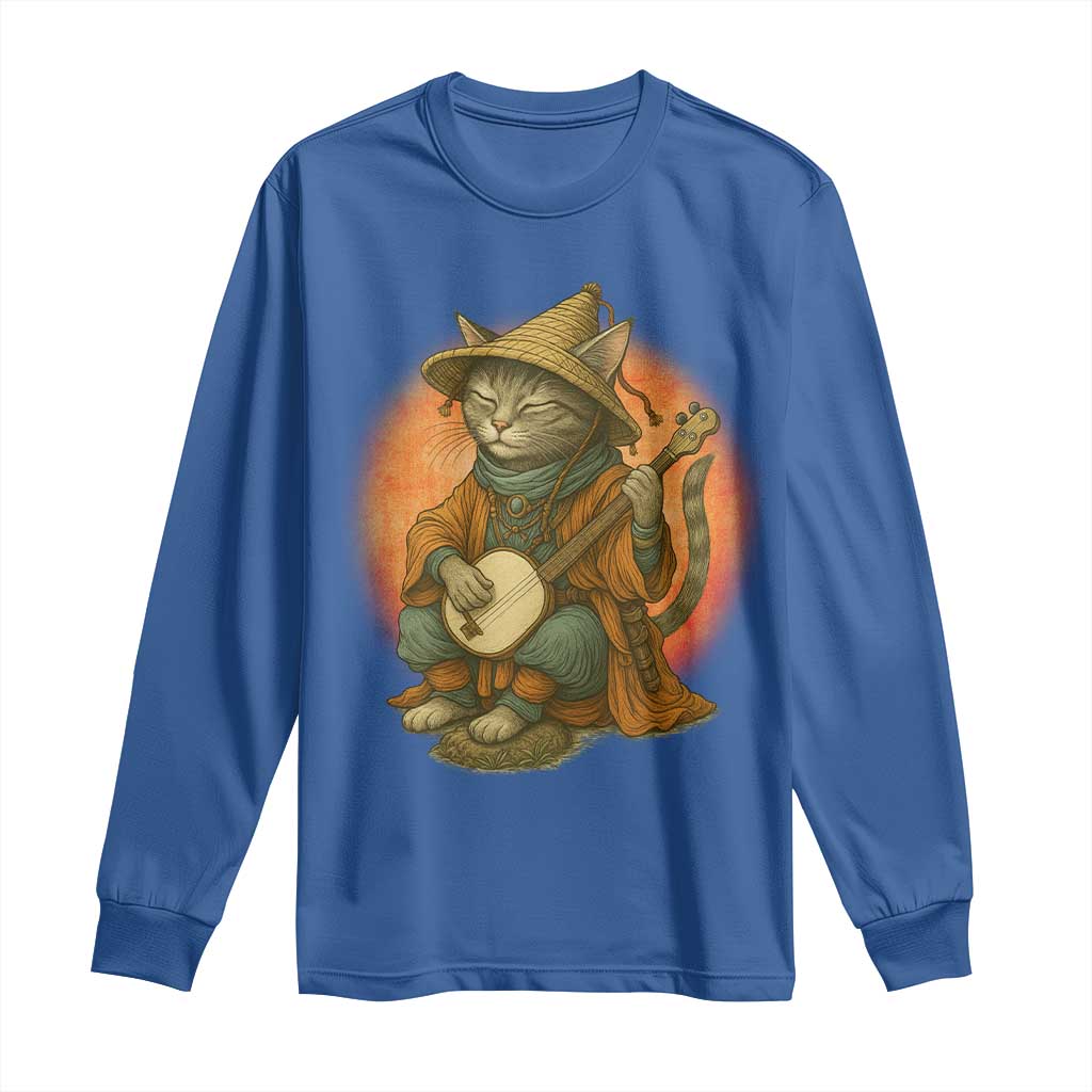 Japanese Samurai Cat Long Sleeve Shirt Retro Cat Playing Shamisen Art - Wonder Print Shop