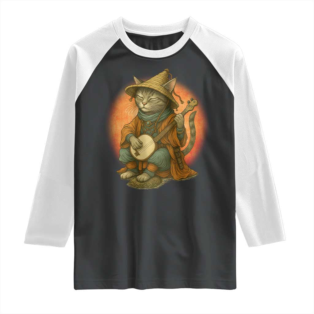 Japanese Samurai Cat Raglan Shirt Retro Cat Playing Shamisen Art - Wonder Print Shop