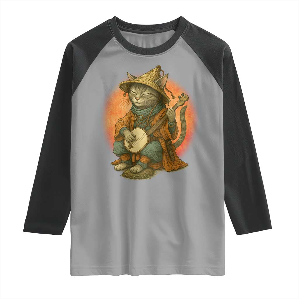 Japanese Samurai Cat Raglan Shirt Retro Cat Playing Shamisen Art - Wonder Print Shop