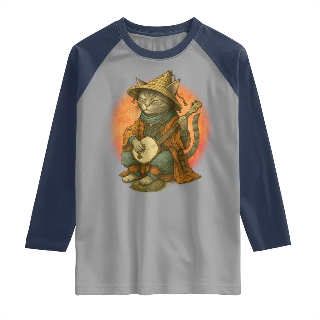 Japanese Samurai Cat Raglan Shirt Retro Cat Playing Shamisen Art - Wonder Print Shop