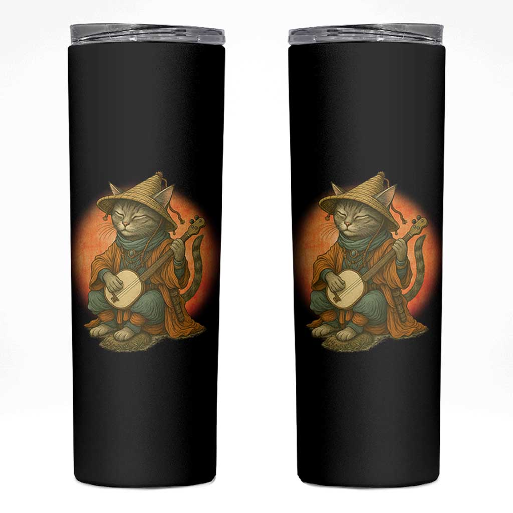 Japanese Samurai Cat Skinny Tumbler Retro Cat Playing Shamisen Art