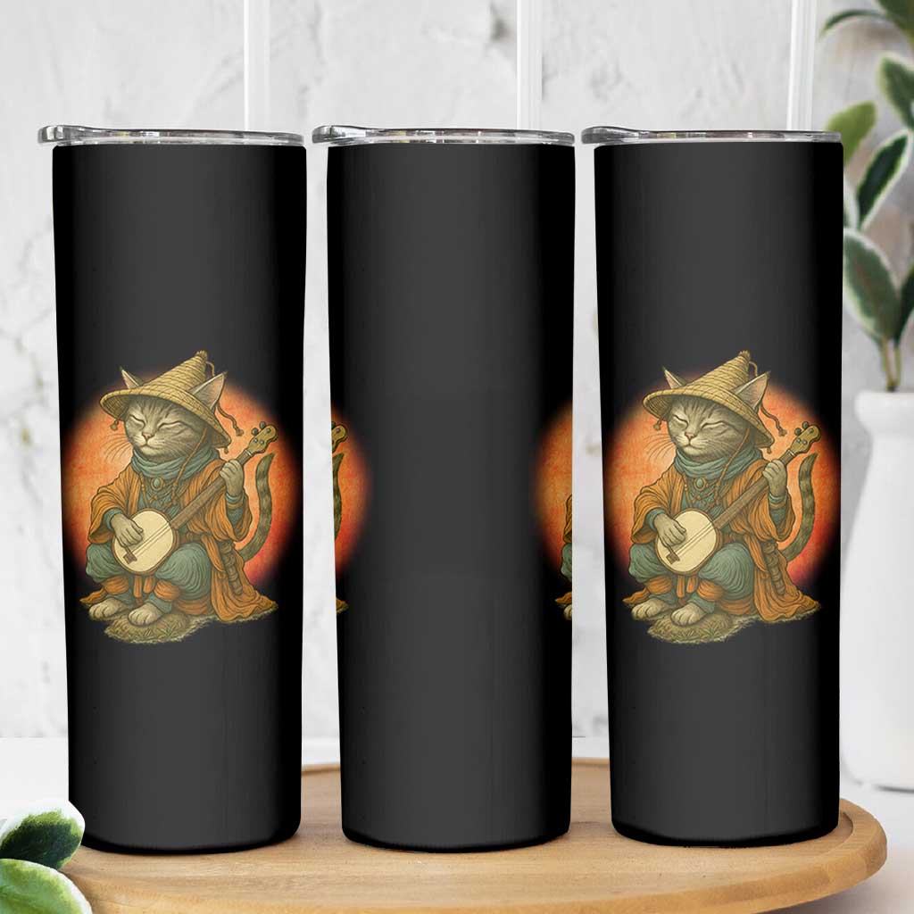 Japanese Samurai Cat Skinny Tumbler Retro Cat Playing Shamisen Art