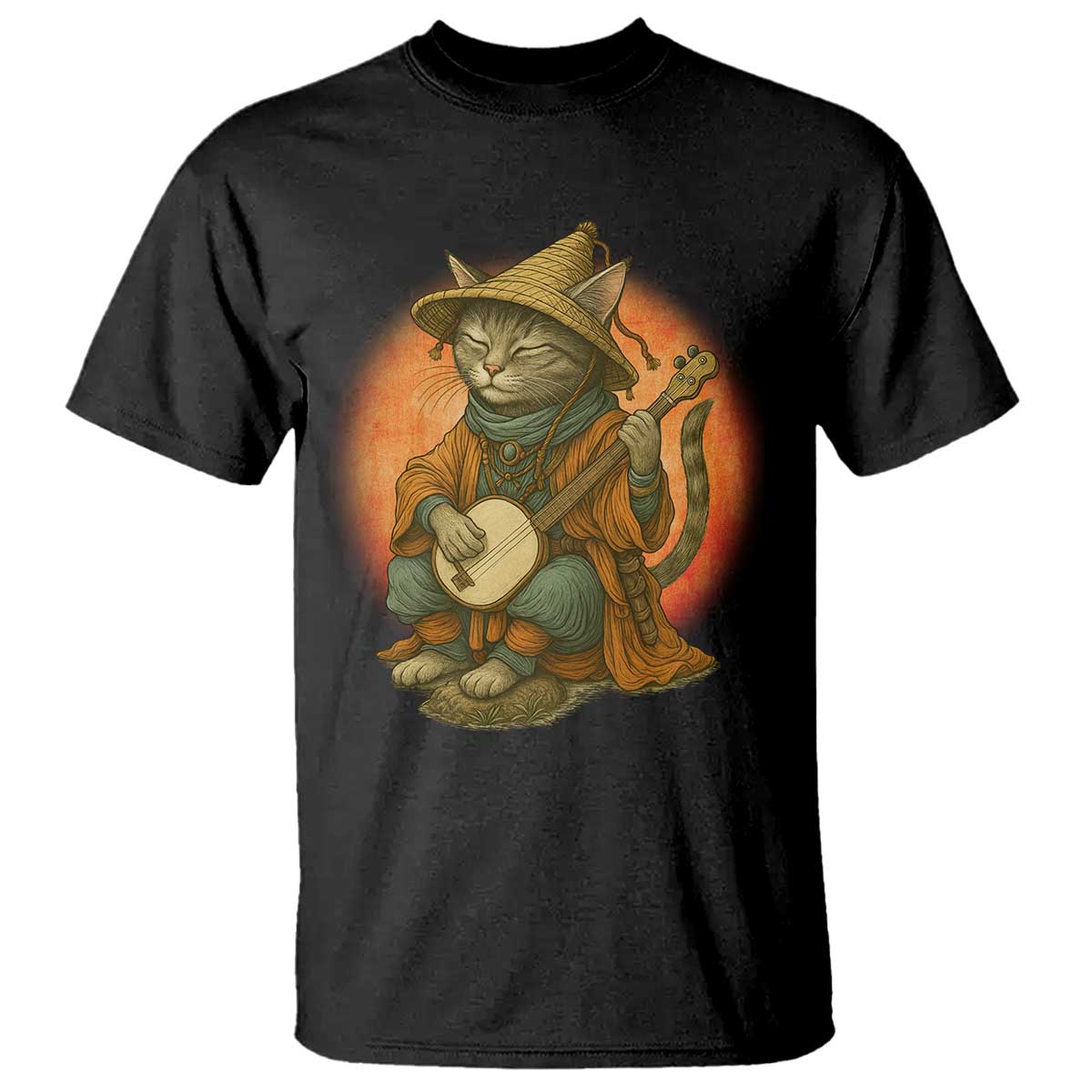 Japanese Samurai Cat T Shirt Retro Cat Playing Shamisen Art - Wonder Print Shop