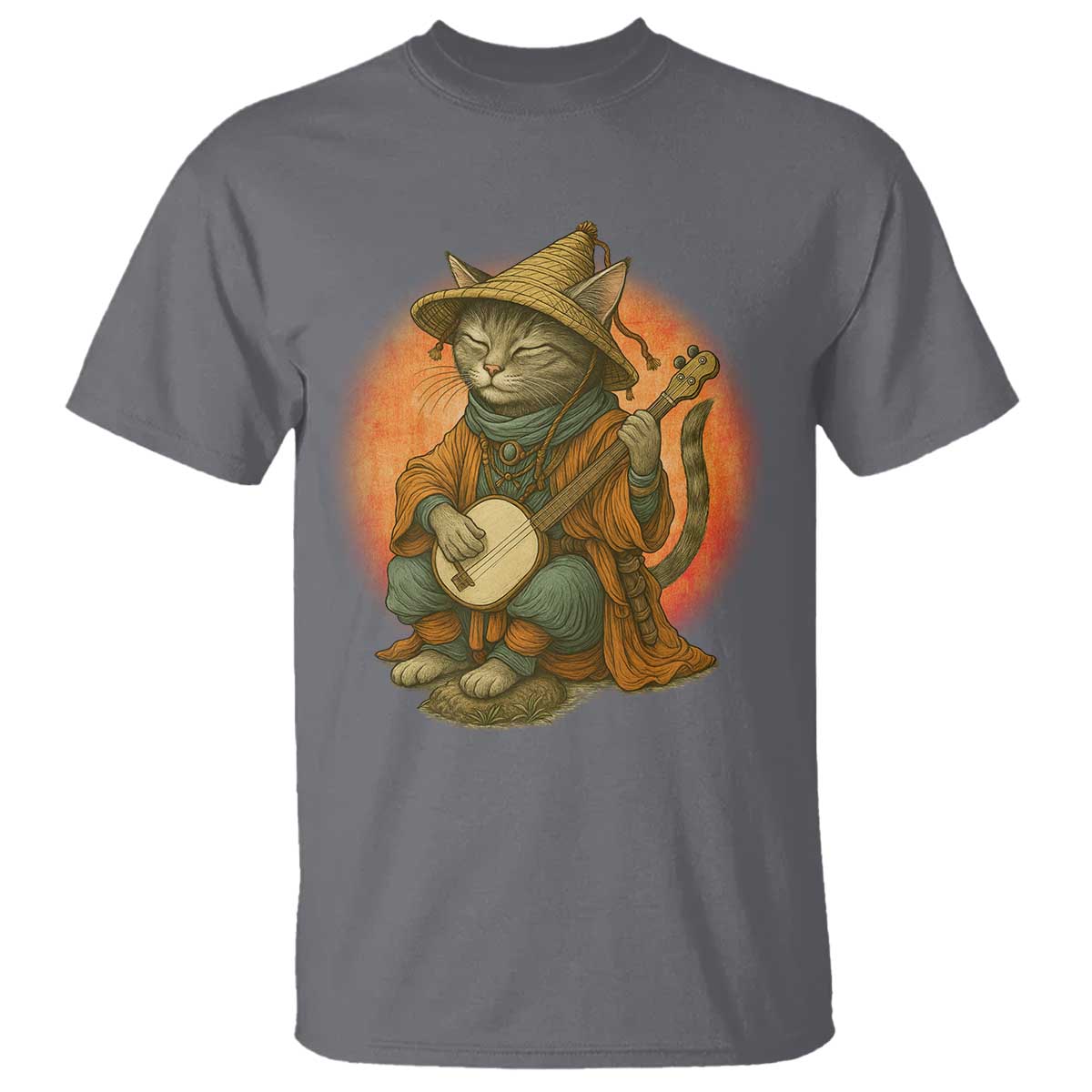Japanese Samurai Cat T Shirt Retro Cat Playing Shamisen Art - Wonder Print Shop