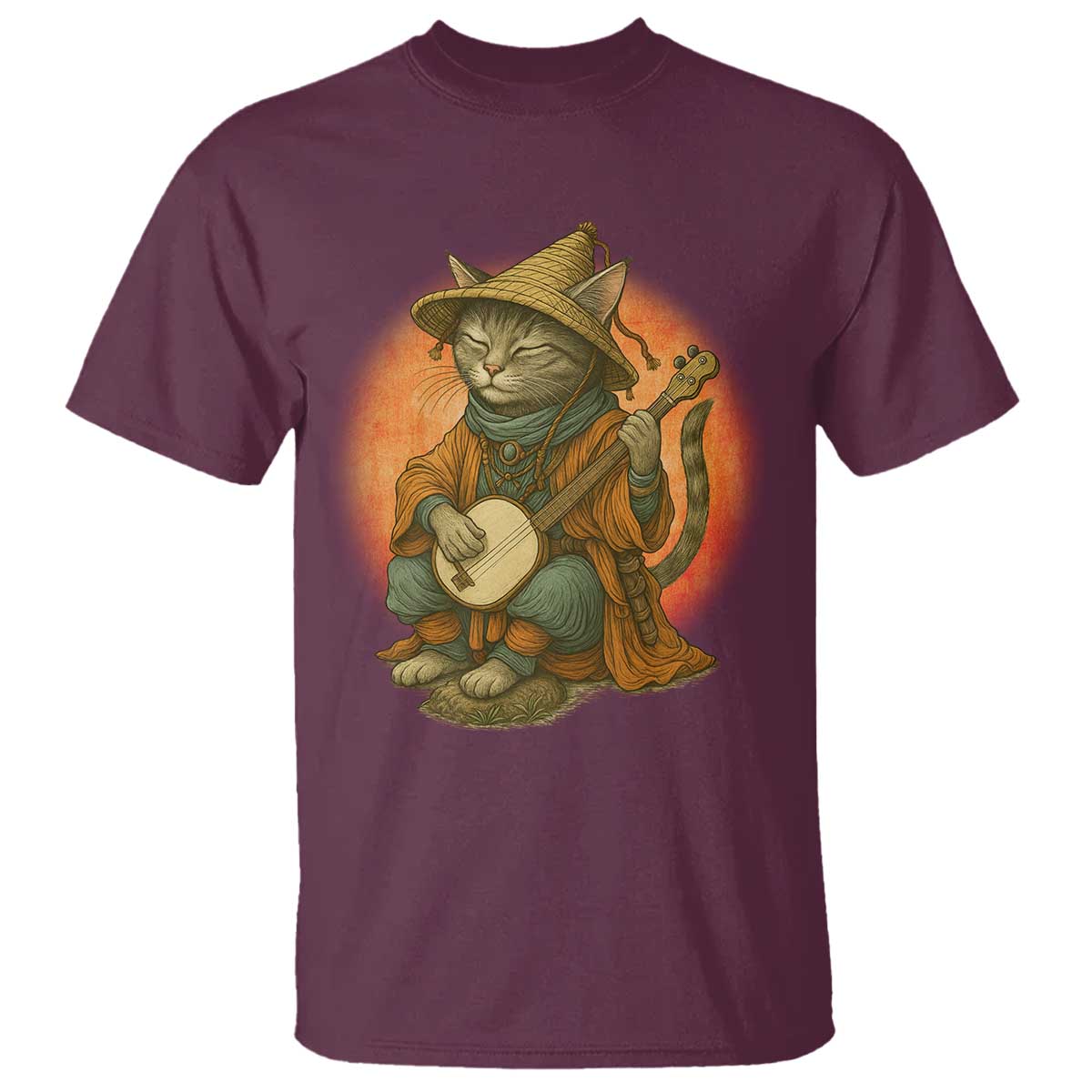 Japanese Samurai Cat T Shirt Retro Cat Playing Shamisen Art - Wonder Print Shop