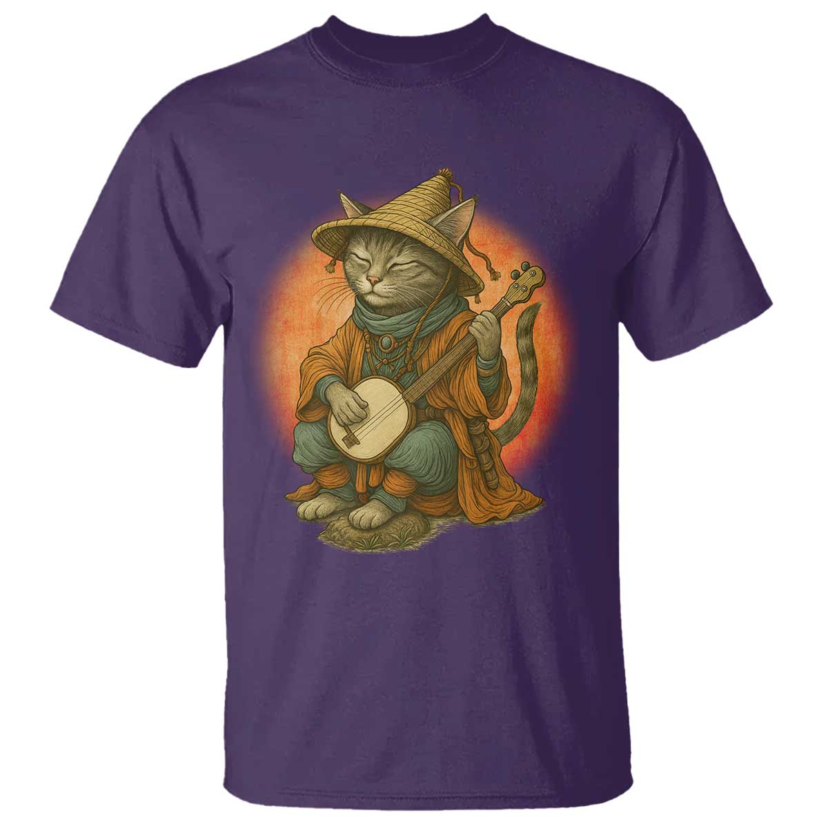 Japanese Samurai Cat T Shirt Retro Cat Playing Shamisen Art - Wonder Print Shop