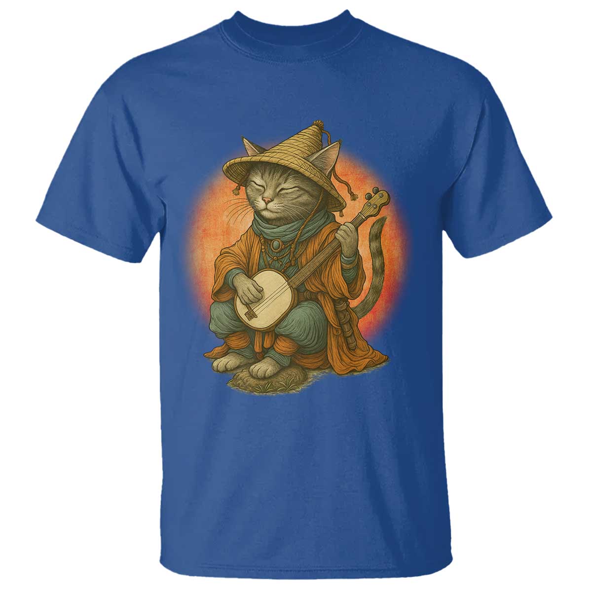 Japanese Samurai Cat T Shirt Retro Cat Playing Shamisen Art - Wonder Print Shop