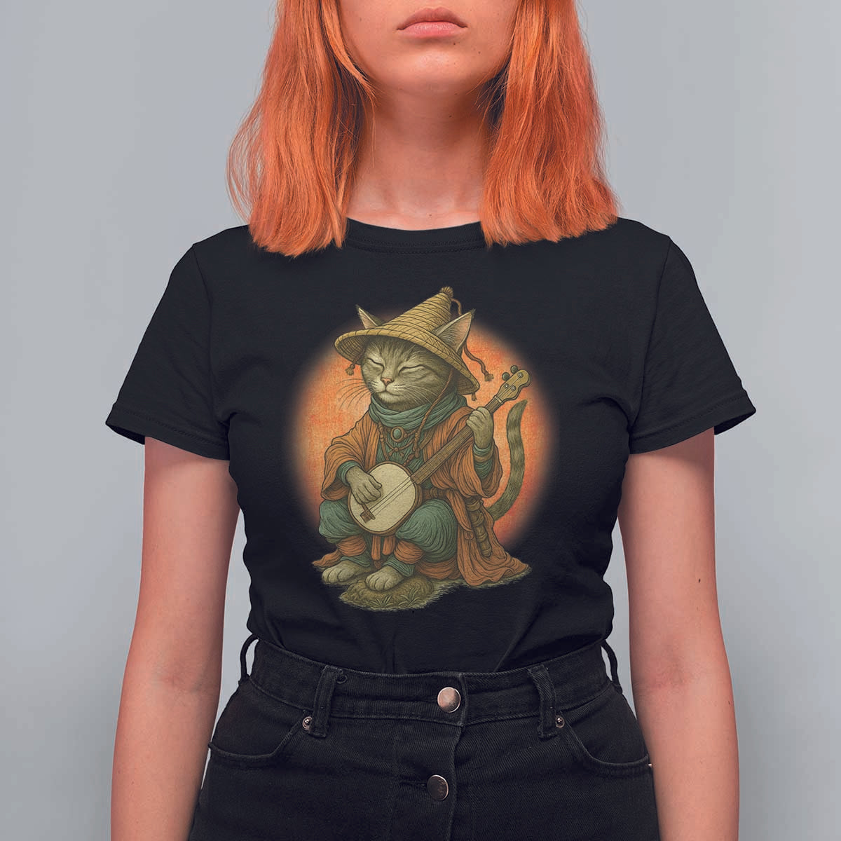 Japanese Samurai Cat T Shirt For Women Retro Cat Playing Shamisen Art - Wonder Print Shop