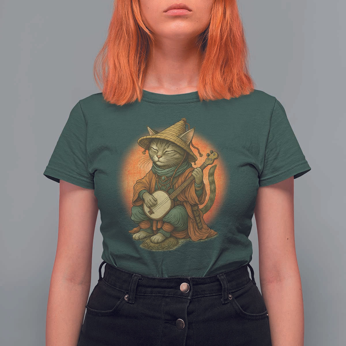 Japanese Samurai Cat T Shirt For Women Retro Cat Playing Shamisen Art - Wonder Print Shop