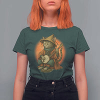 Japanese Samurai Cat T Shirt For Women Retro Cat Playing Shamisen Art - Wonder Print Shop
