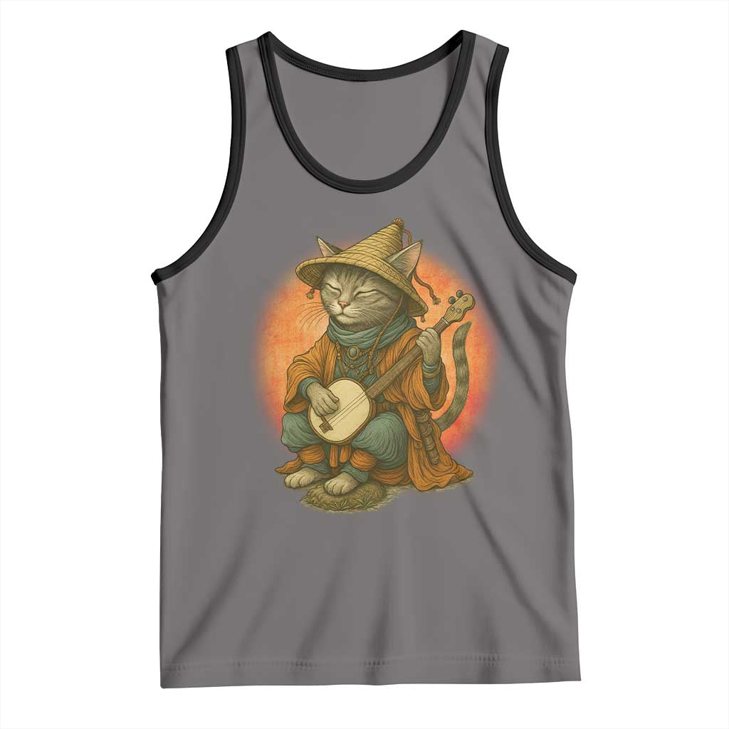 Japanese Samurai Cat Tank Top Retro Cat Playing Shamisen Art - Wonder Print Shop