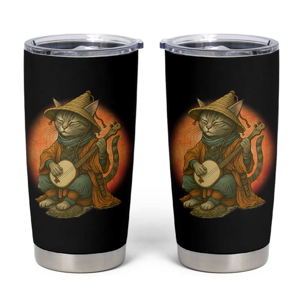 Japanese Samurai Cat Tumbler Cup Retro Cat Playing Shamisen Art
