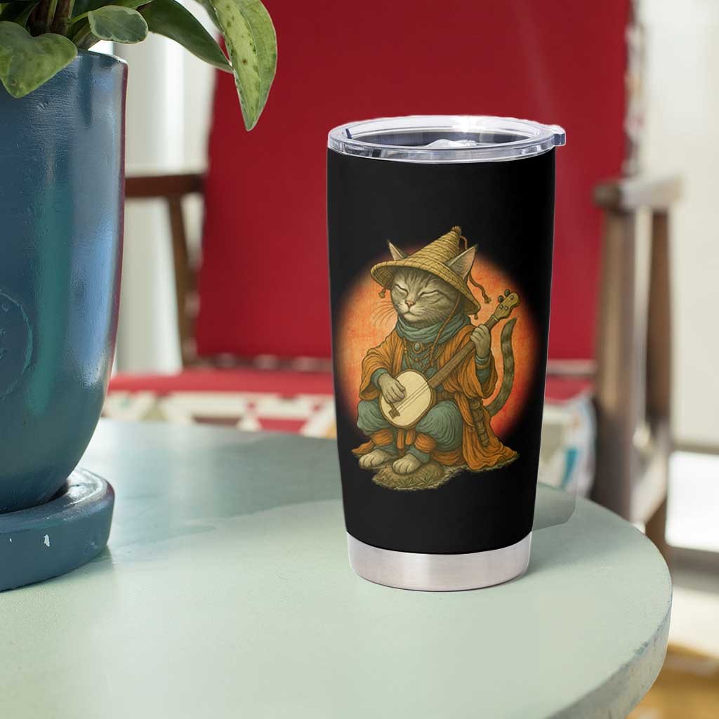 Japanese Samurai Cat Tumbler Cup Retro Cat Playing Shamisen Art