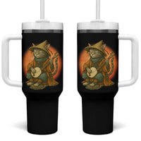 Japanese Samurai Cat Tumbler With Handle Retro Cat Playing Shamisen Art
