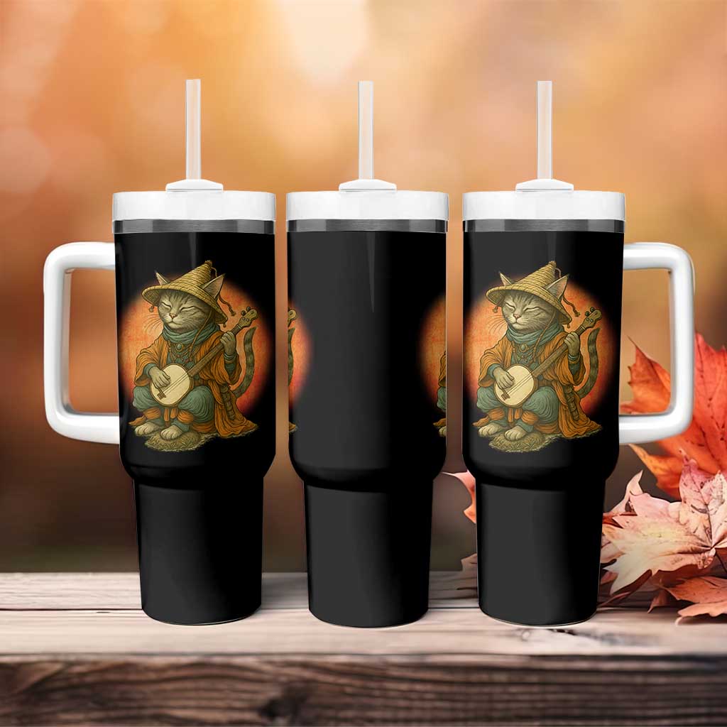 Japanese Samurai Cat Tumbler With Handle Retro Cat Playing Shamisen Art