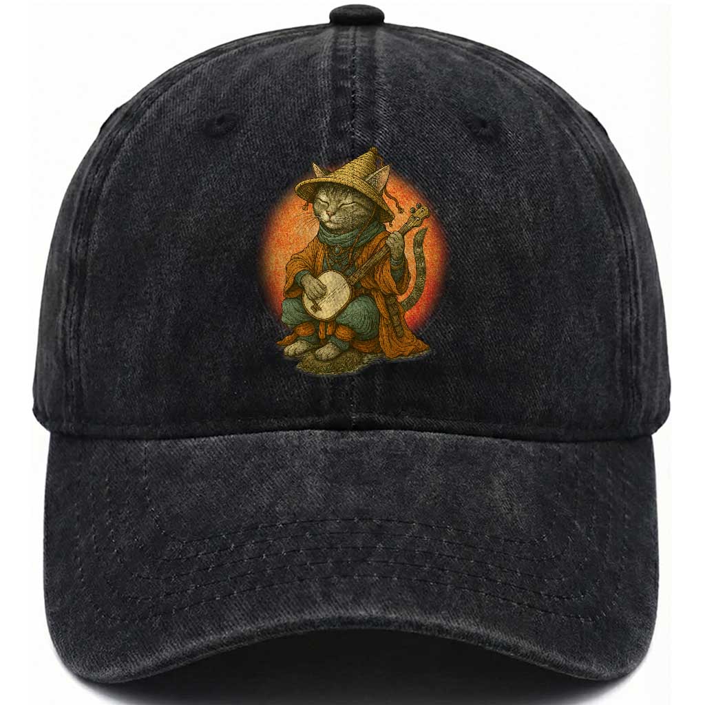 Japanese Samurai Cat Washed Cotton Baseball Cap Retro Cat Playing Shamisen Art