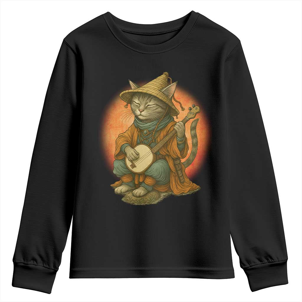 Japanese Samurai Cat Youth Sweatshirt Retro Cat Playing Shamisen Art - Wonder Print Shop