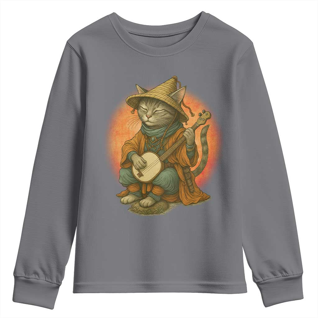 Japanese Samurai Cat Youth Sweatshirt Retro Cat Playing Shamisen Art - Wonder Print Shop