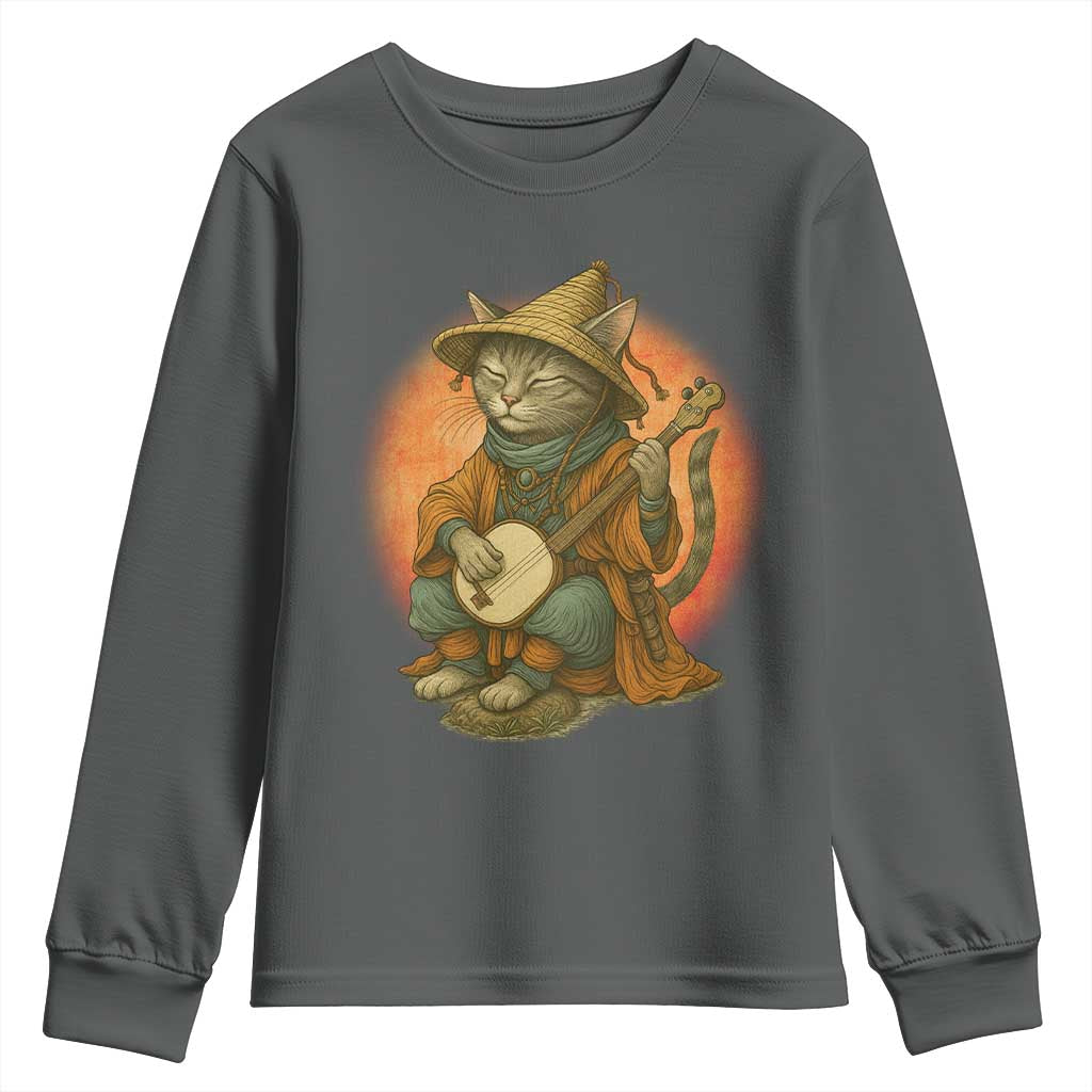 Japanese Samurai Cat Youth Sweatshirt Retro Cat Playing Shamisen Art - Wonder Print Shop