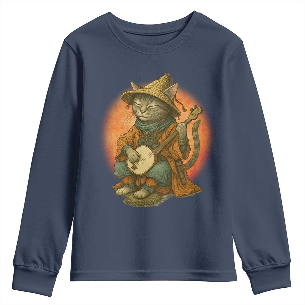 Japanese Samurai Cat Youth Sweatshirt Retro Cat Playing Shamisen Art - Wonder Print Shop