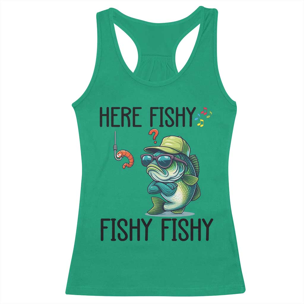 Funny Bass Fish Racerback Tank Top Here Fishy Fishy Fisherman Fishing Lover - Wonder Print Shop