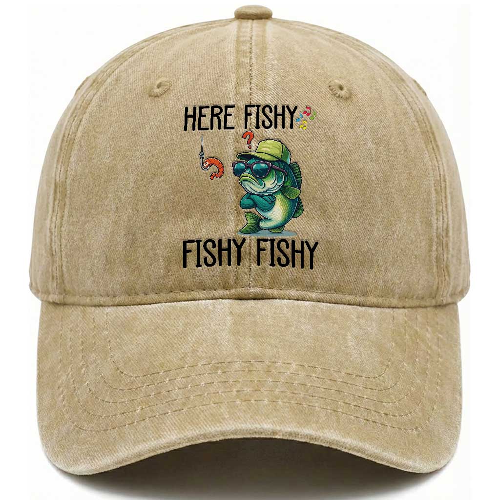Funny Bass Fish Washed Cotton Baseball Cap Here Fishy Fishy Fisherman Fishing Lover