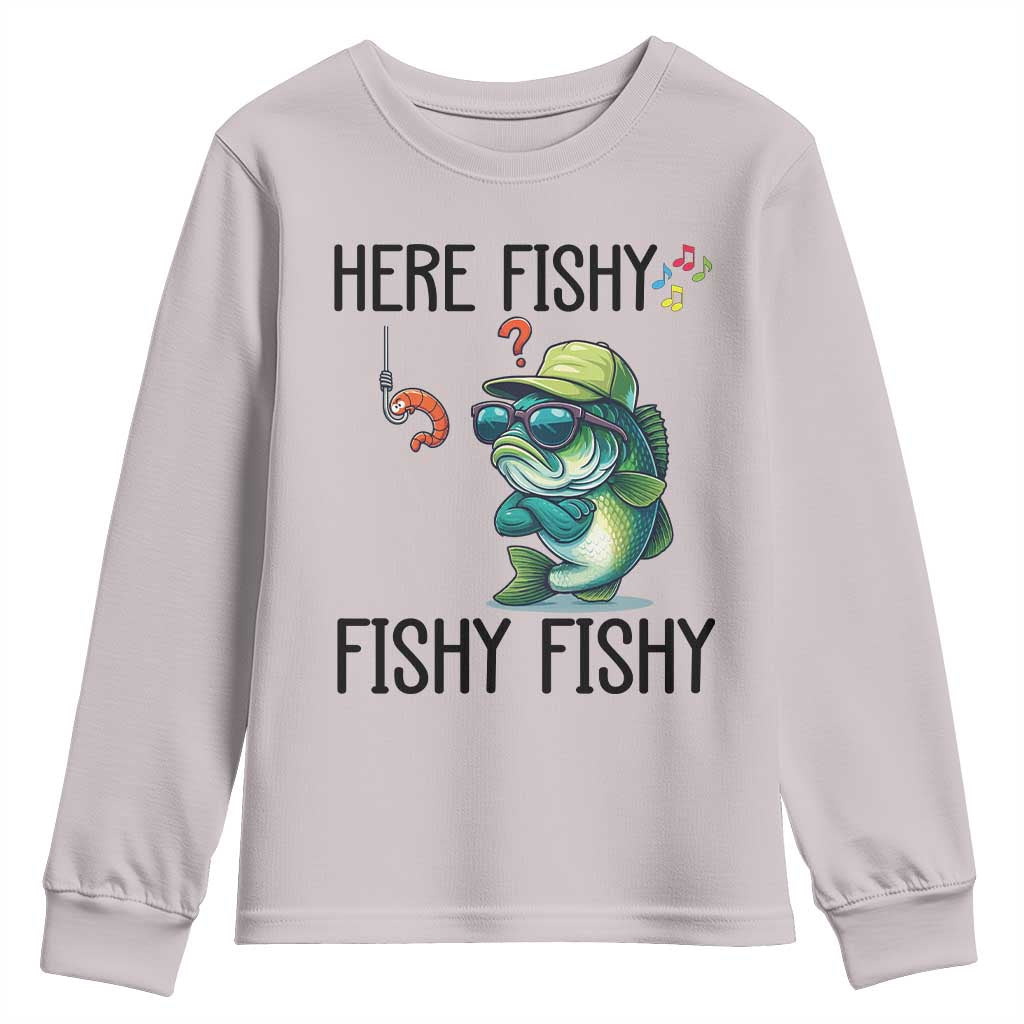Funny Bass Fish Youth Sweatshirt Here Fishy Fishy Fisherman Fishing Lover - Wonder Print Shop