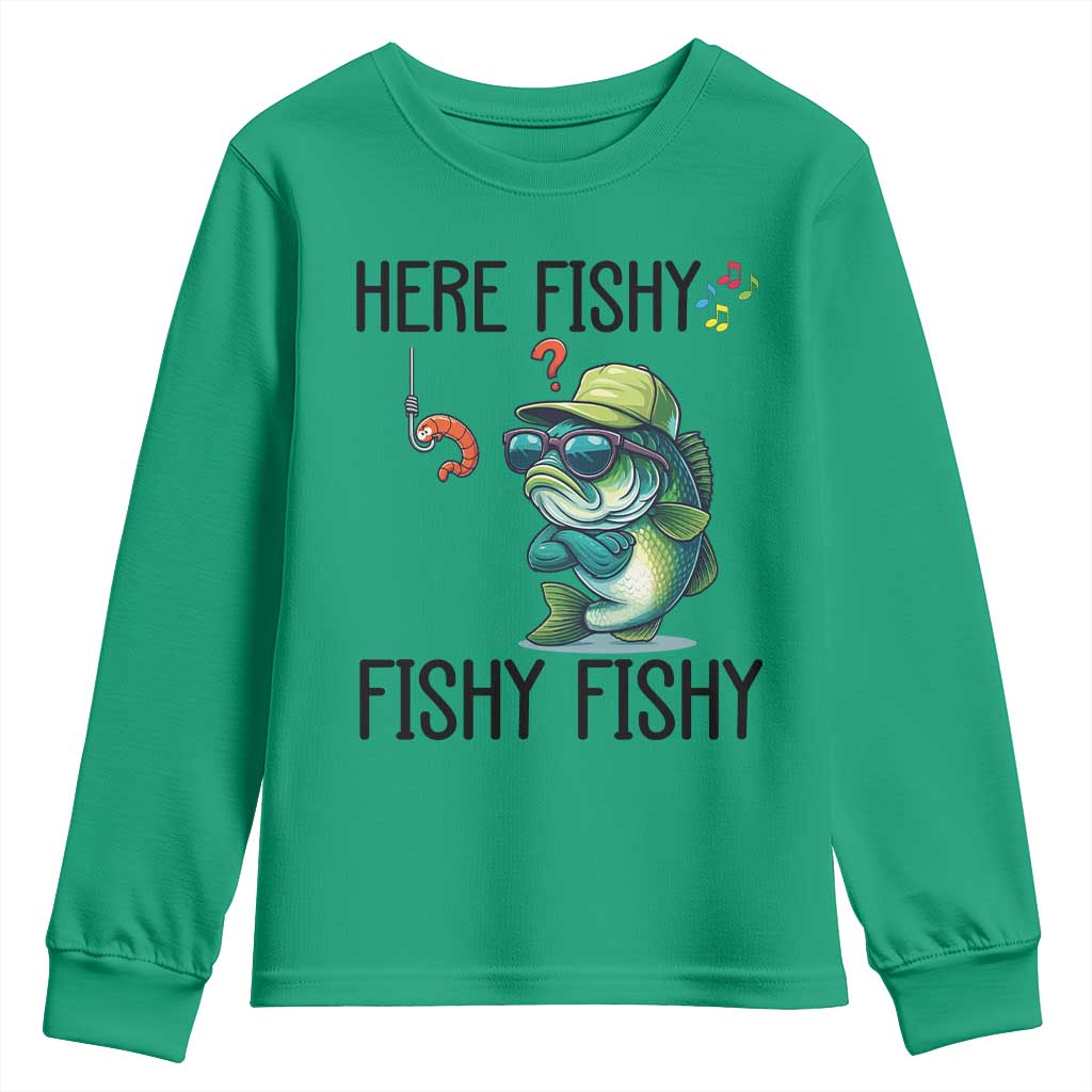 Funny Bass Fish Youth Sweatshirt Here Fishy Fishy Fisherman Fishing Lover - Wonder Print Shop