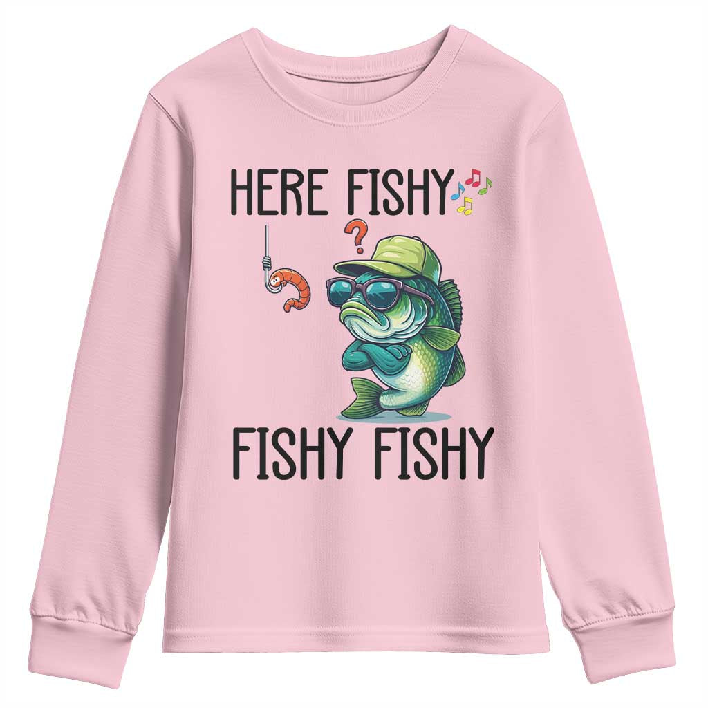 Funny Bass Fish Youth Sweatshirt Here Fishy Fishy Fisherman Fishing Lover - Wonder Print Shop