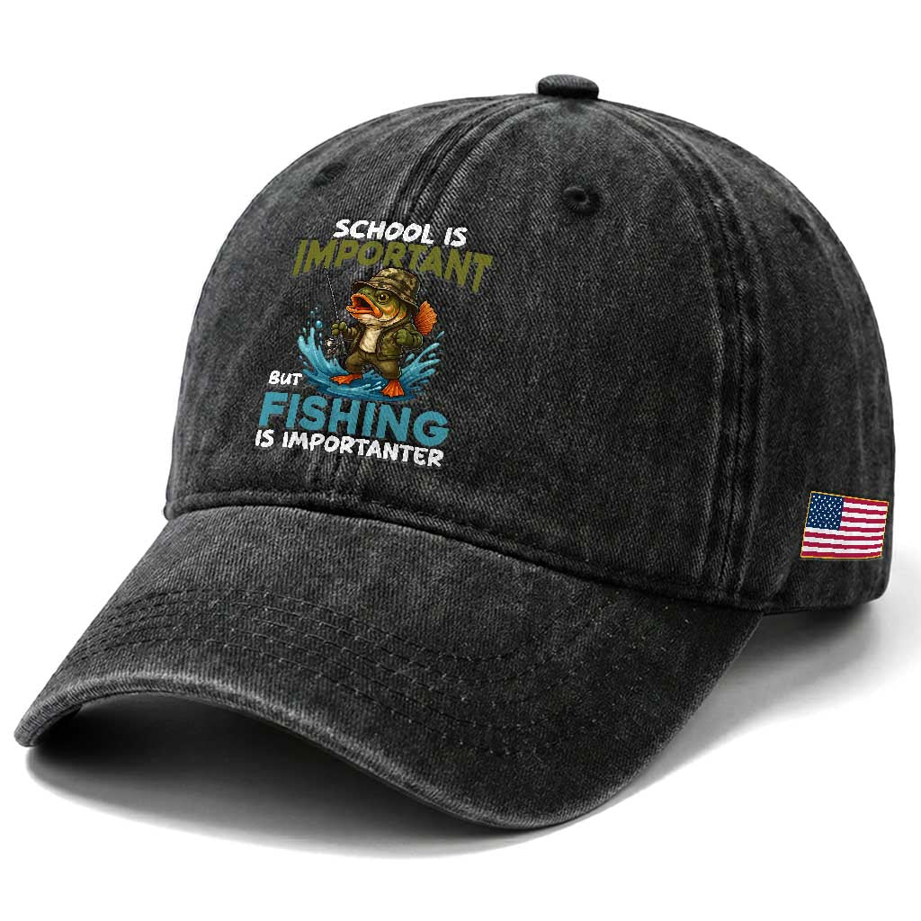 School Is Important But Fishing Is Important Washed Cotton Baseball Cap Funny Bass Fishing
