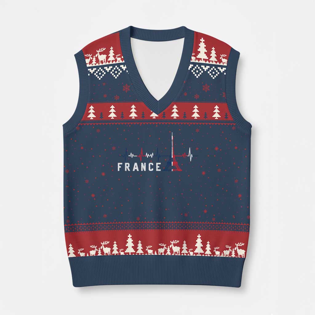 France Paris Heartbeat French Flag Eiffel Tower Souvenir Gift V-Neck Knit Sweater Vest