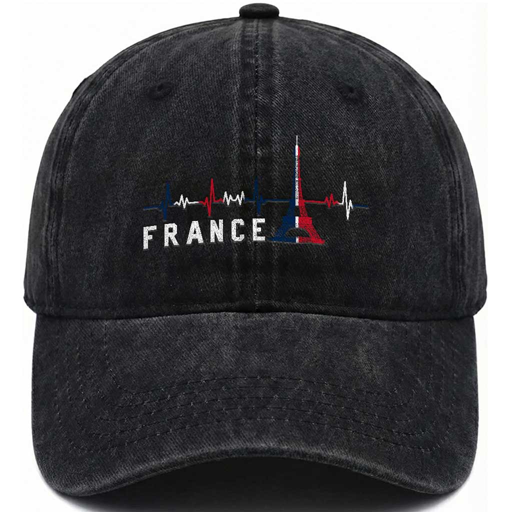 France Paris Heartbeat French Flag Eiffel Tower Souvenir Gift Washed Cotton Baseball Cap
