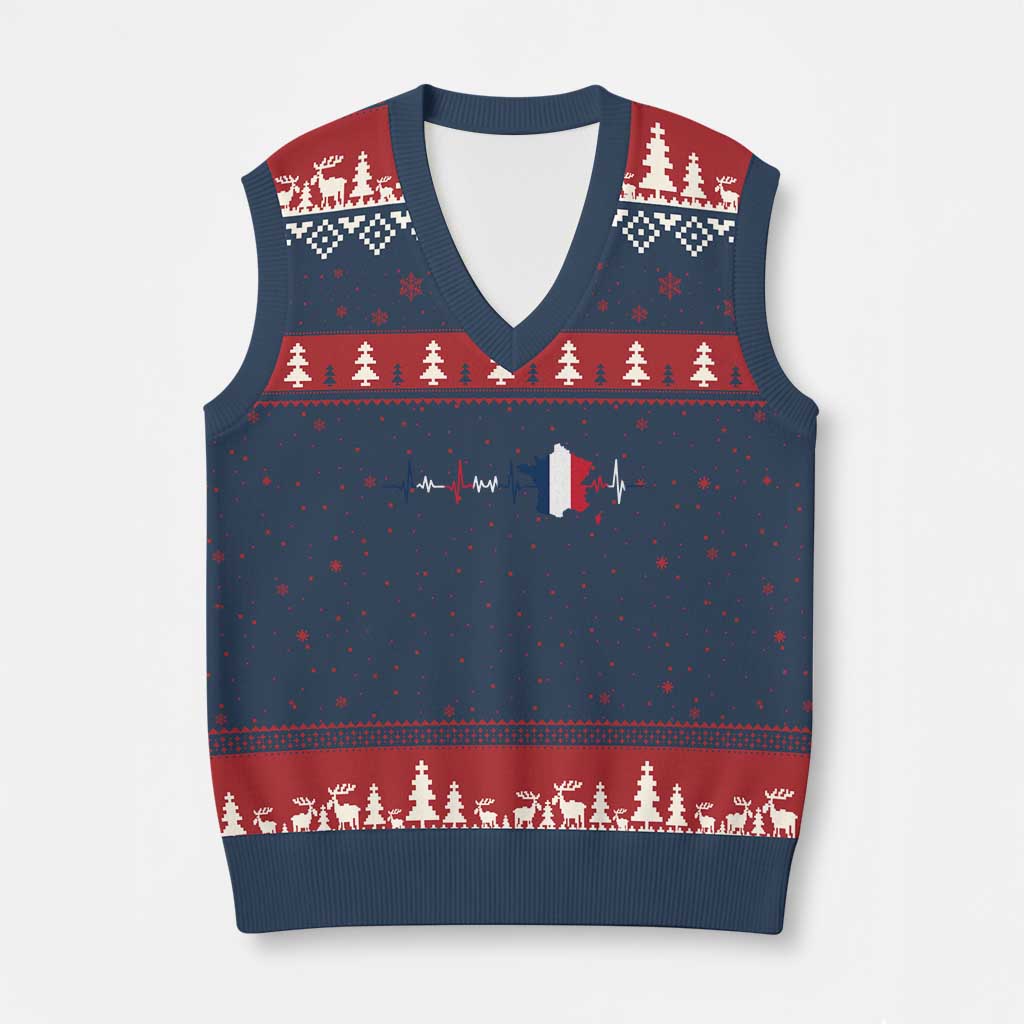 France Heartbeat EKG French Flag Map V-Neck Knit Sweater Vest