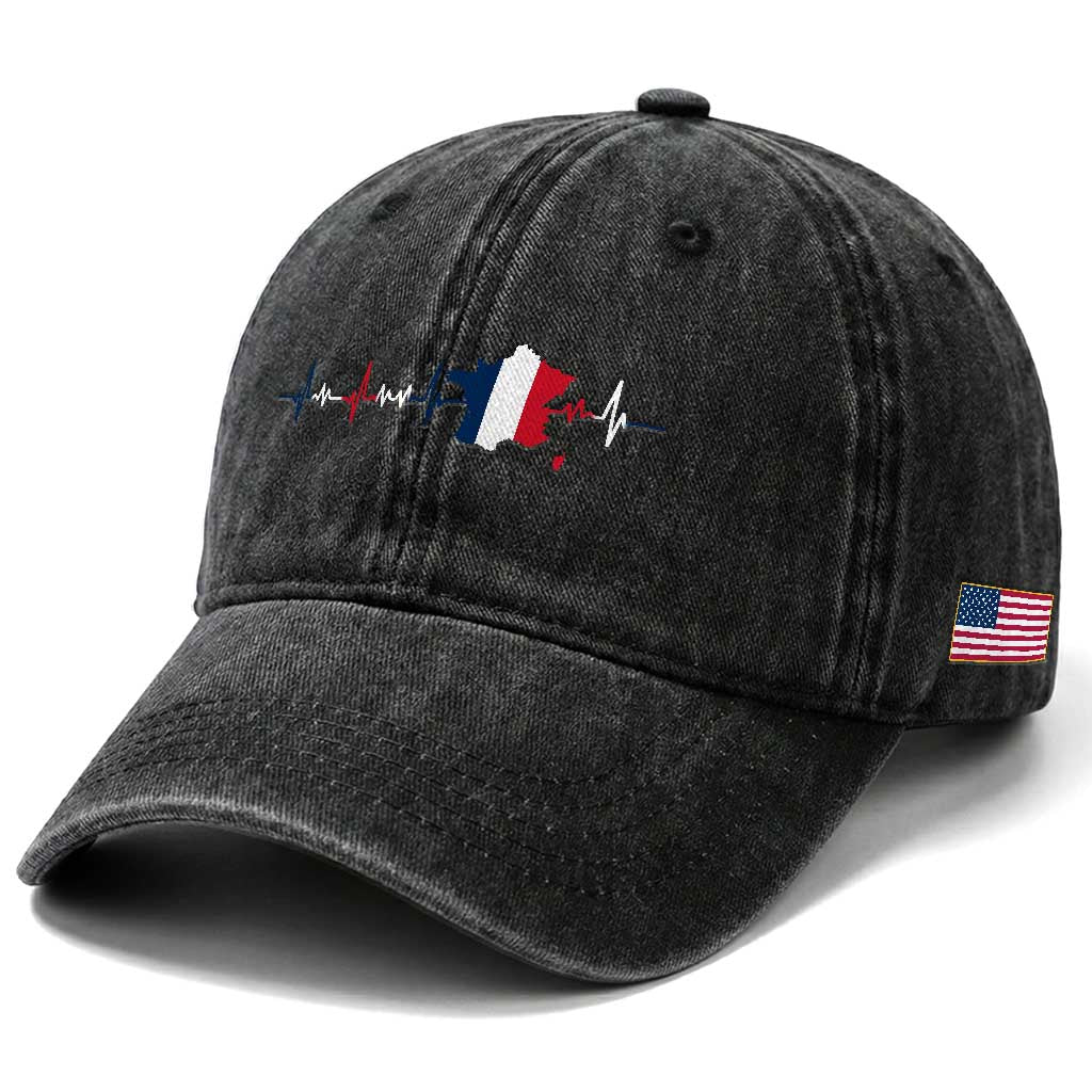 France Heartbeat EKG French Flag Map Washed Cotton Baseball Cap