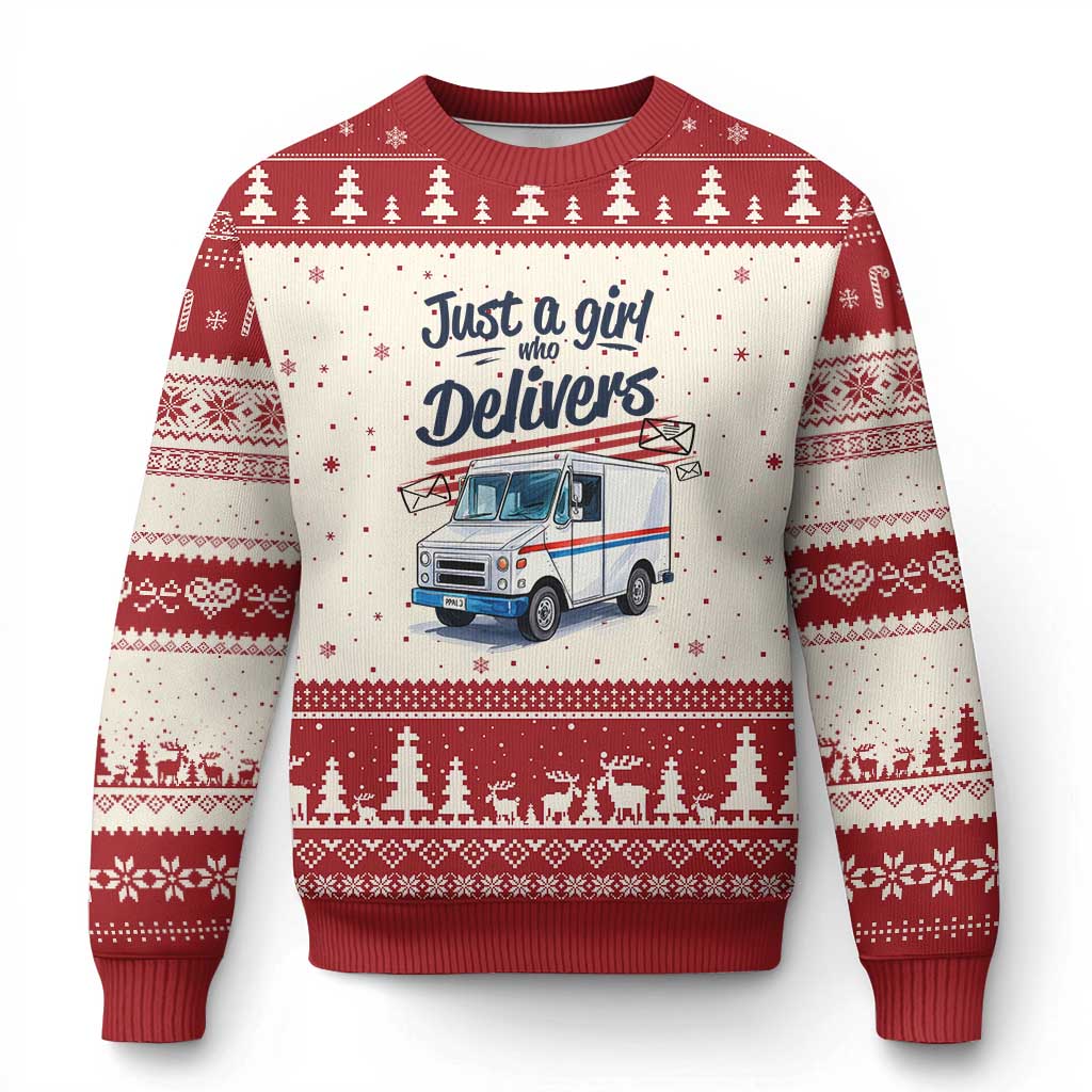 Funny Postal Worker Ugly Christmas Sweater Just A Girl Who Delivers - Wonder Print Shop