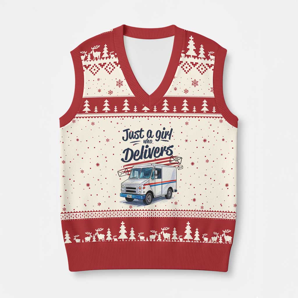 Funny Postal Worker V-Neck Knit Sweater Vest Just A Girl Who Delivers - Wonder Print Shop