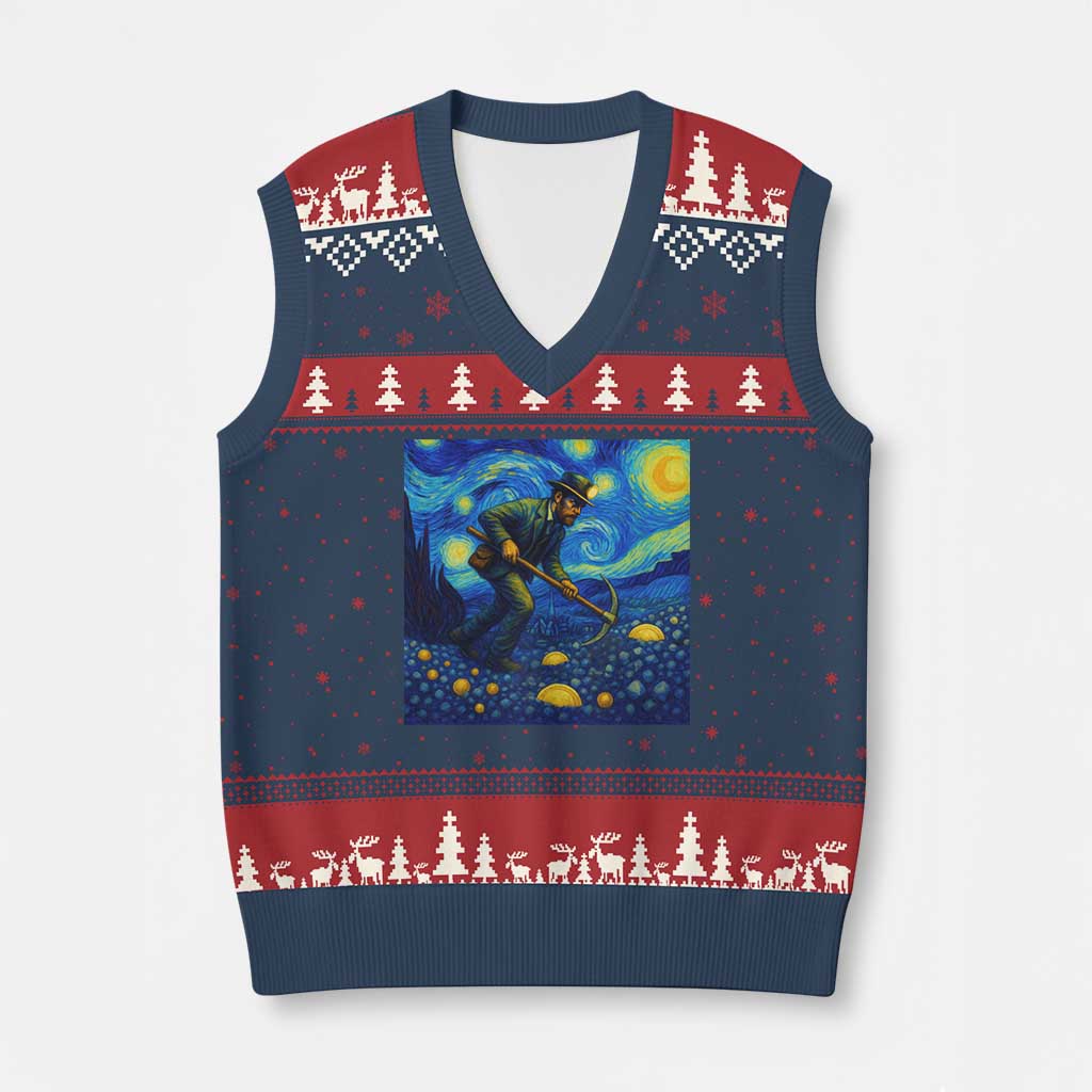 Gold Miner Starry Night Van Gogh V-Neck Knit Sweater Vest - Wonder Print Shop