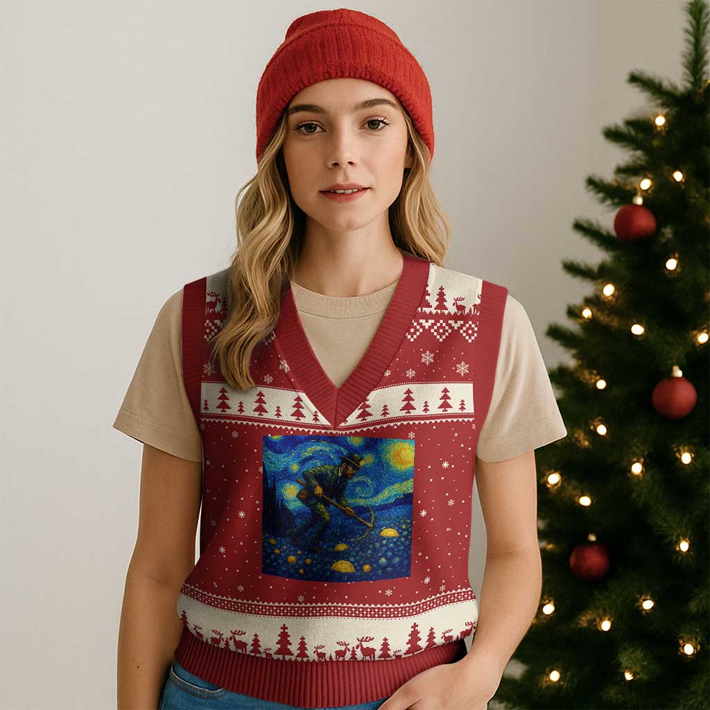 Gold Miner Starry Night Van Gogh V-Neck Knit Sweater Vest - Wonder Print Shop
