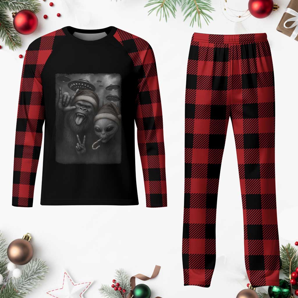 Bigfoot UFO Selife Plaid Pajama Set Sasquatch Ailen Rock On Hand Christmas - Wonder Print Shop