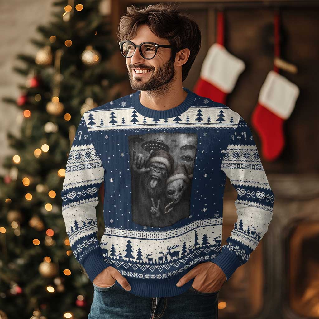 Bigfoot UFO Selife Ugly Christmas Sweater Sasquatch Ailen Rock On Hand Xmas - Wonder Print Shop