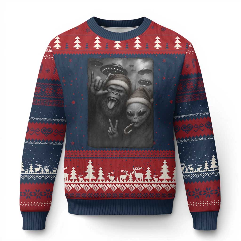 Bigfoot UFO Selife Ugly Christmas Sweater Sasquatch Ailen Rock On Hand Xmas - Wonder Print Shop