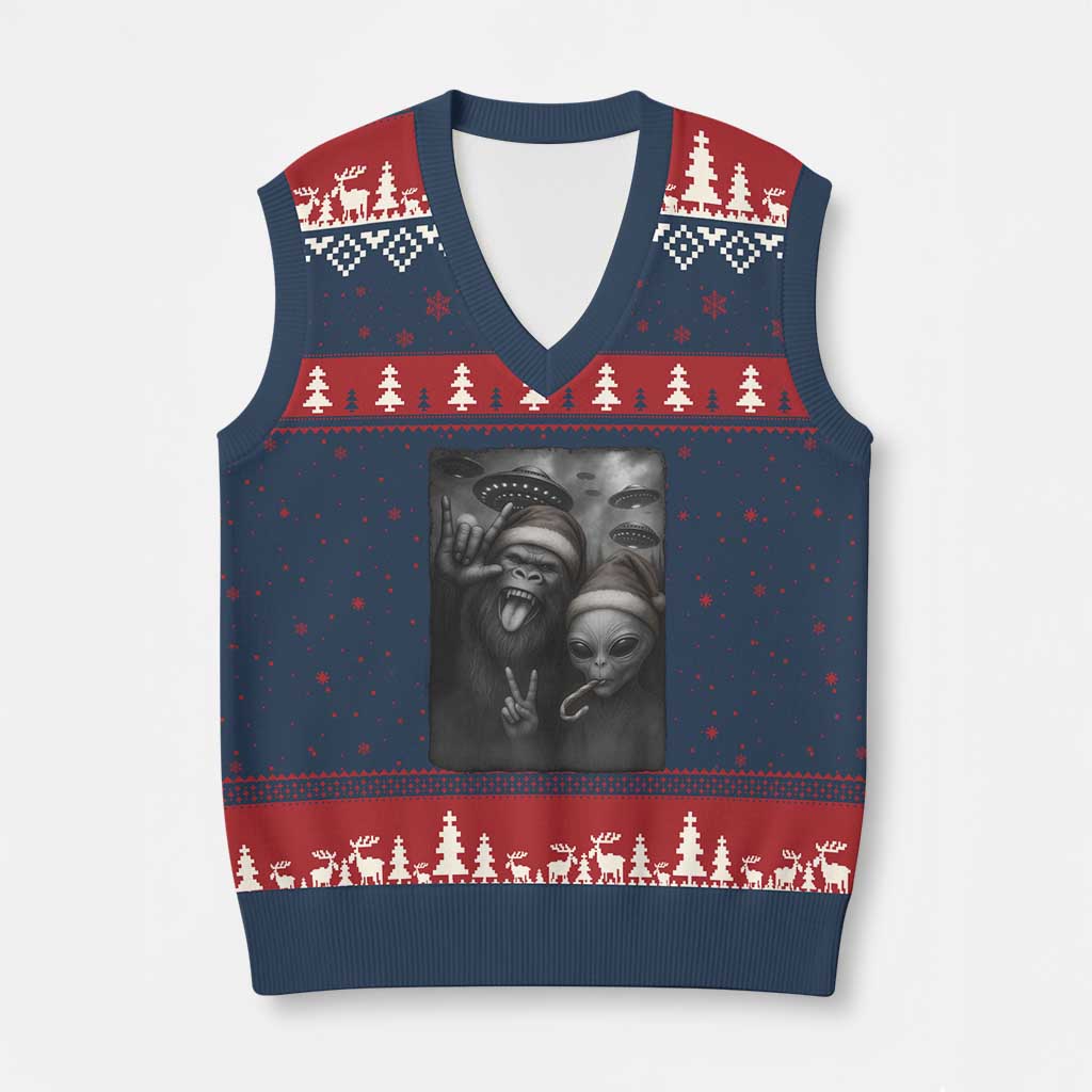 Bigfoot UFO Selife V-Neck Knit Sweater Vest Sasquatch Ailen Rock On Hand Xmas - Wonder Print Shop