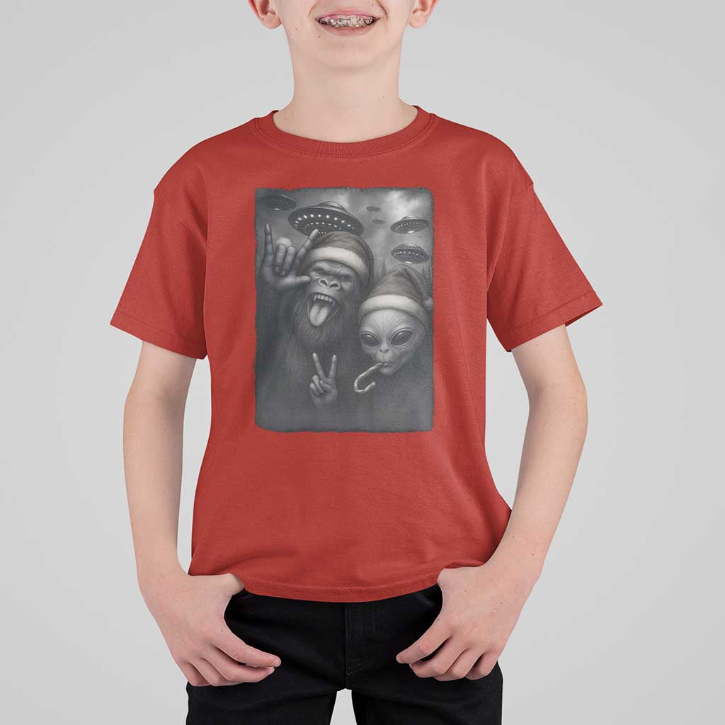 Bigfoot UFO Selife T Shirt For Kid Sasquatch Ailen Rock On Hand Christmas - Wonder Print Shop