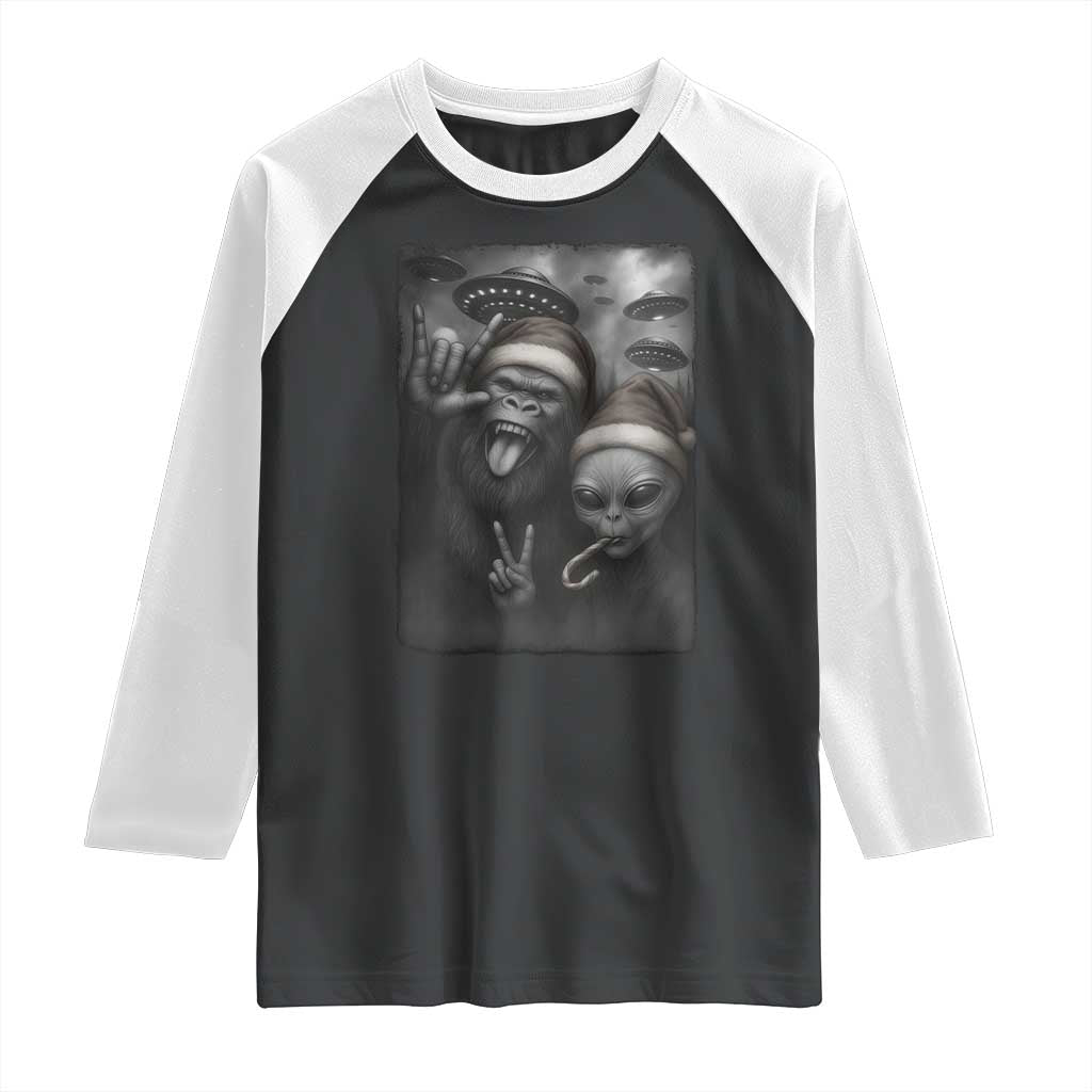 Bigfoot UFO Selife Raglan Shirt Sasquatch Ailen Rock On Hand Christmas - Wonder Print Shop