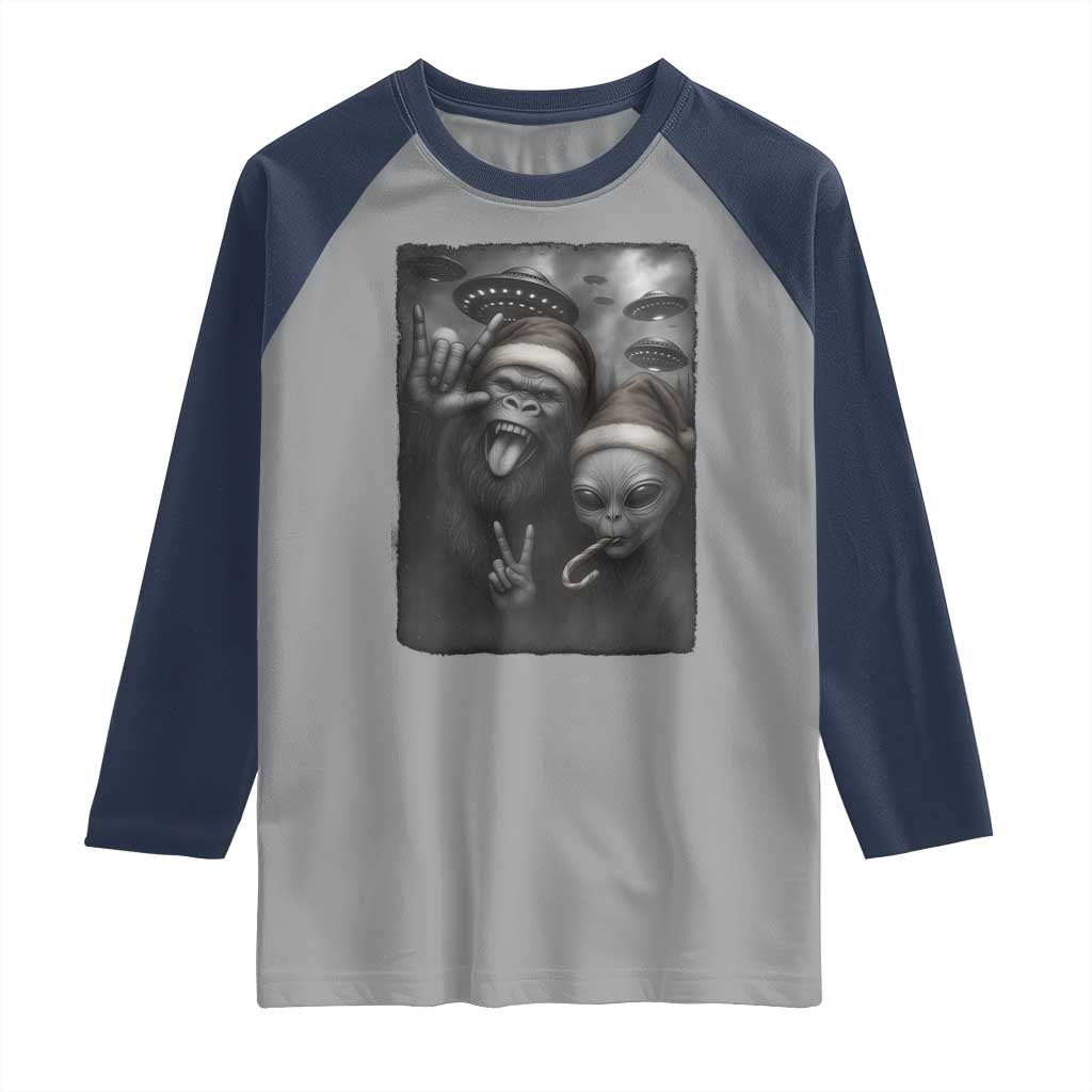 Bigfoot UFO Selife Raglan Shirt Sasquatch Ailen Rock On Hand Christmas - Wonder Print Shop