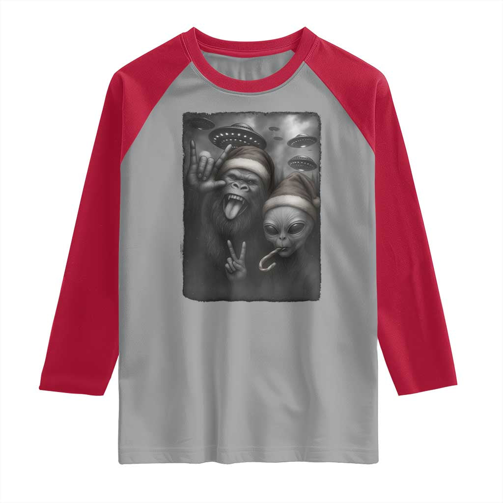 Bigfoot UFO Selife Raglan Shirt Sasquatch Ailen Rock On Hand Christmas - Wonder Print Shop