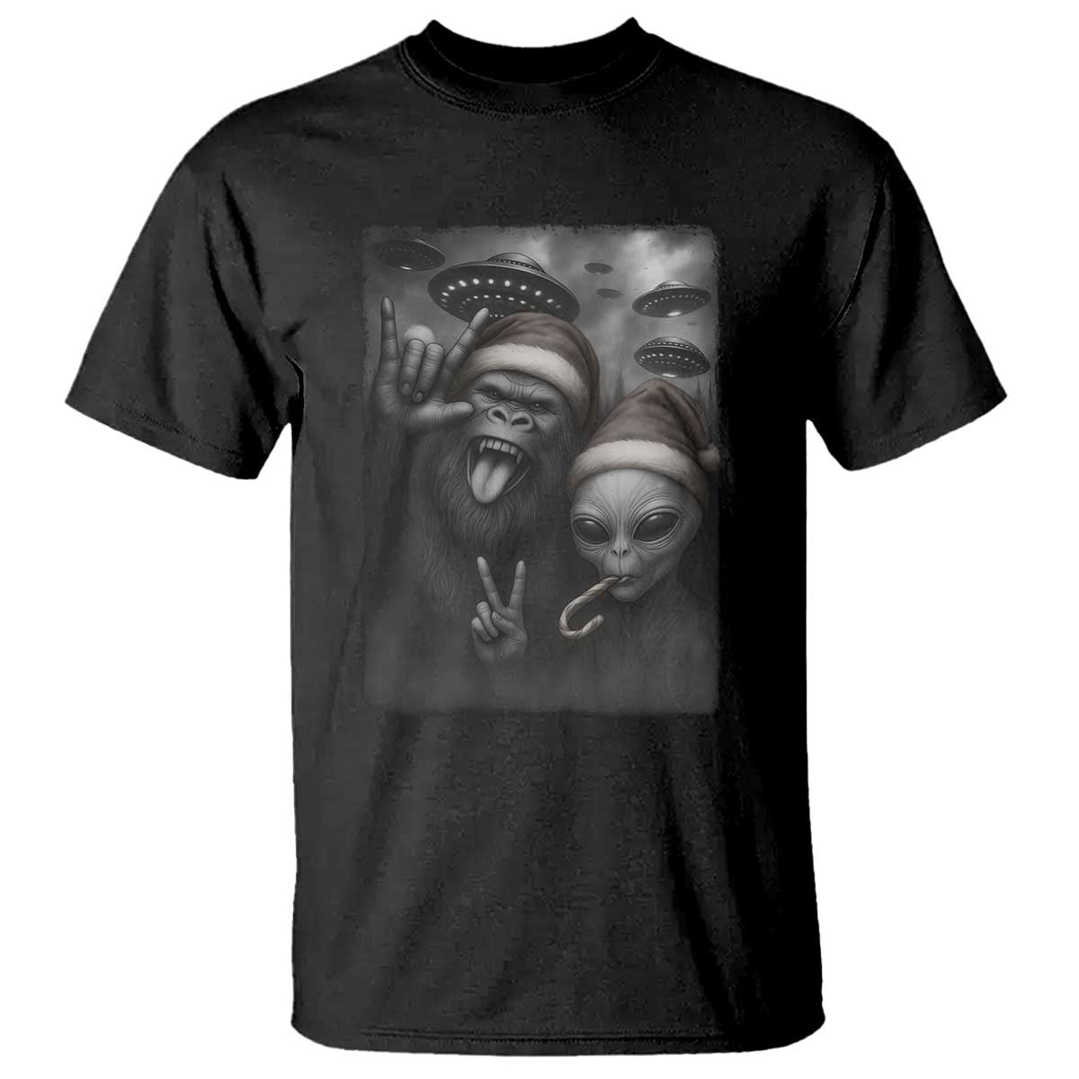 Bigfoot UFO Selife T Shirt Sasquatch Ailen Rock On Hand Christmas - Wonder Print Shop