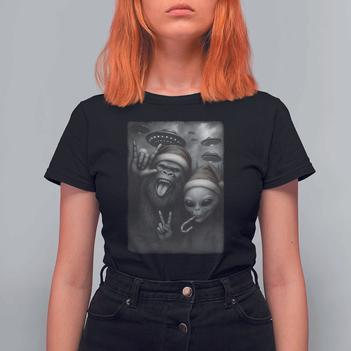Bigfoot UFO Selife T Shirt For Women Sasquatch Ailen Rock On Hand Christmas - Wonder Print Shop