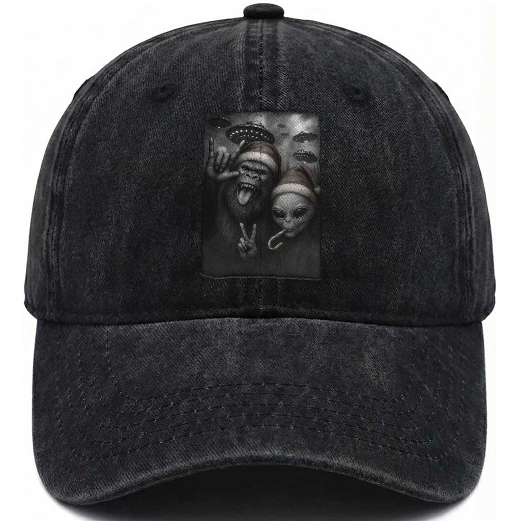 Bigfoot UFO Selife Washed Cotton Baseball Cap Sasquatch Ailen Rock On Hand Christmas
